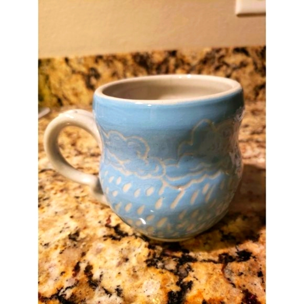 Handmade Craft Pottery Mug Clouds and Rain Design
